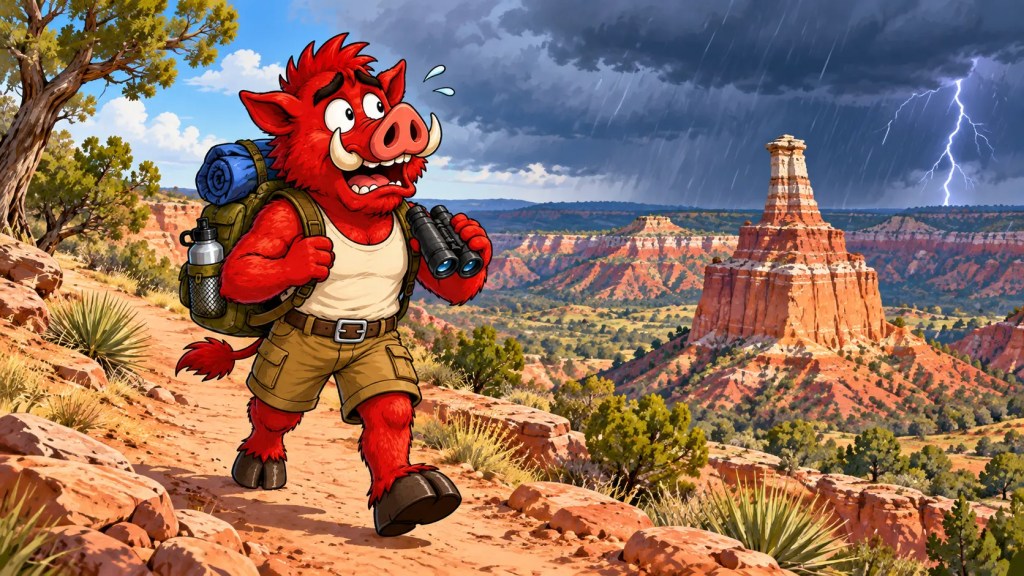 Roamus, the red warthog travel mascot, hiking toward the Lighthouse formation in Palo Duro Canyon as a thunderstorm approaches