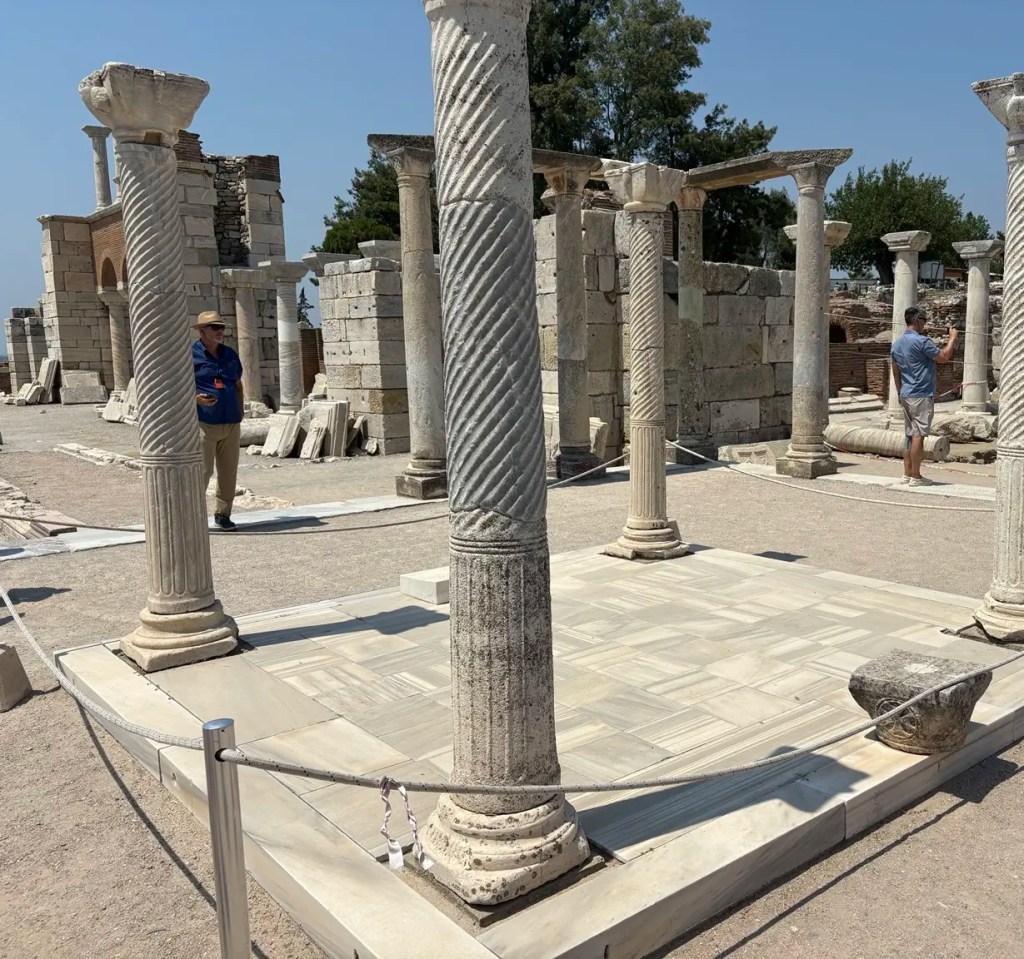Marble platform and spiral columns surrounding the traditional tomb site of Saint John the Apostle
