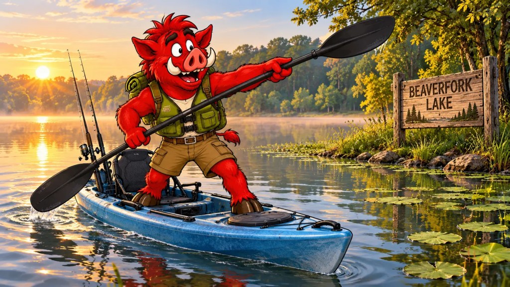 Roamus the red warthog mascot standing on a fishing kayak and pointing with a paddle toward a Beaverfork Lake sign at sunrise
