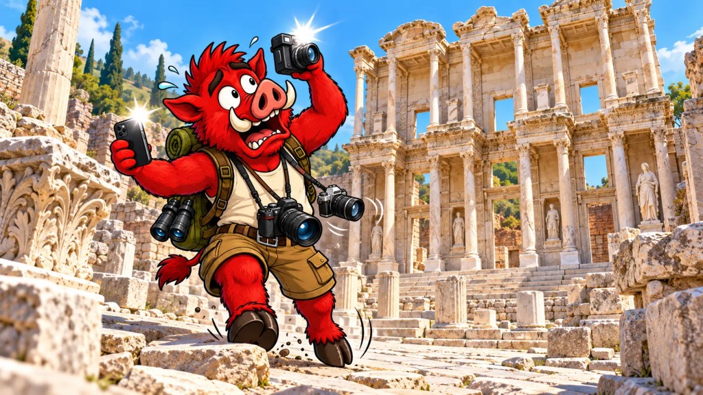 Roamus, the red warthog travel mascot, chaotically taking pictures among the ruins of Ephesus with the Library of Celsus behind him