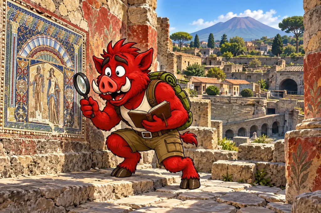Roamus the red boar mascot examining an ancient mosaic with a magnifying glass among the ruins of Herculaneum with Mount Vesuvius behind him