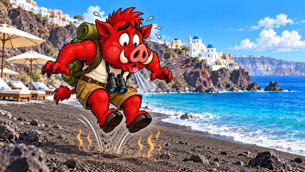 Roamus, the red warthog travel mascot, jumping above hot black sand and blowing on his hooves at a Santorini beach