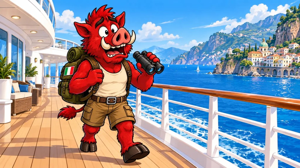 Roamus, the red warthog travel mascot, exploring a Mediterranean cruise ship with an Italian flag patch on his backpack