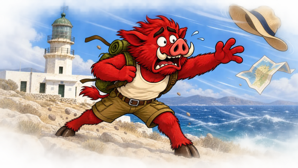 Roamus the red boar mascot bracing against powerful wind beside a white Mykonos lighthouse and the blue Aegean Sea