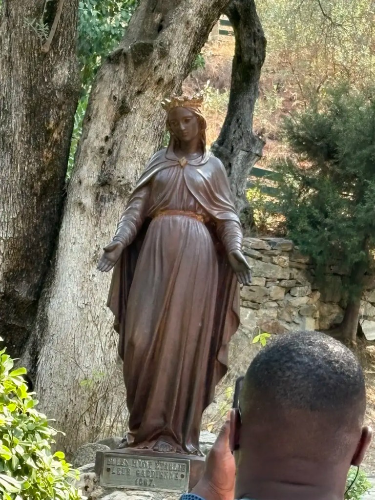 Statue of the Virgin Mary beside an old tree near the House of the Virgin Mary shrine outside Ephesus