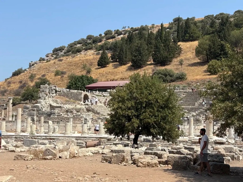 Wide view of excavated stone foundations and ruins beneath a dry hillside at Ephesus
