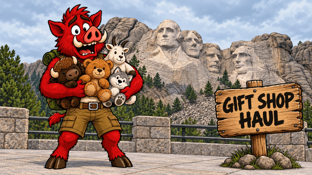 Roamus holds stuffed animals in front of Mount Rushmore beside a wooden sign reading Gift Shop Haul.