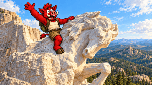 Playful illustration of Roamus riding a monumental stone horse inspired by Crazy Horse Memorial’s planned design, overlooking pine-covered hills.