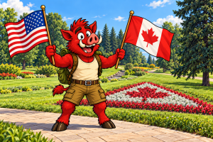 Roamus, a red boar explorer, holds the U.S. and Canadian flags beside flower beds at the International Peace Garden.