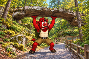 Roamus, a red boar explorer, playfully pretends to hold up Natural Bridge of Arkansas on a wooded trail.