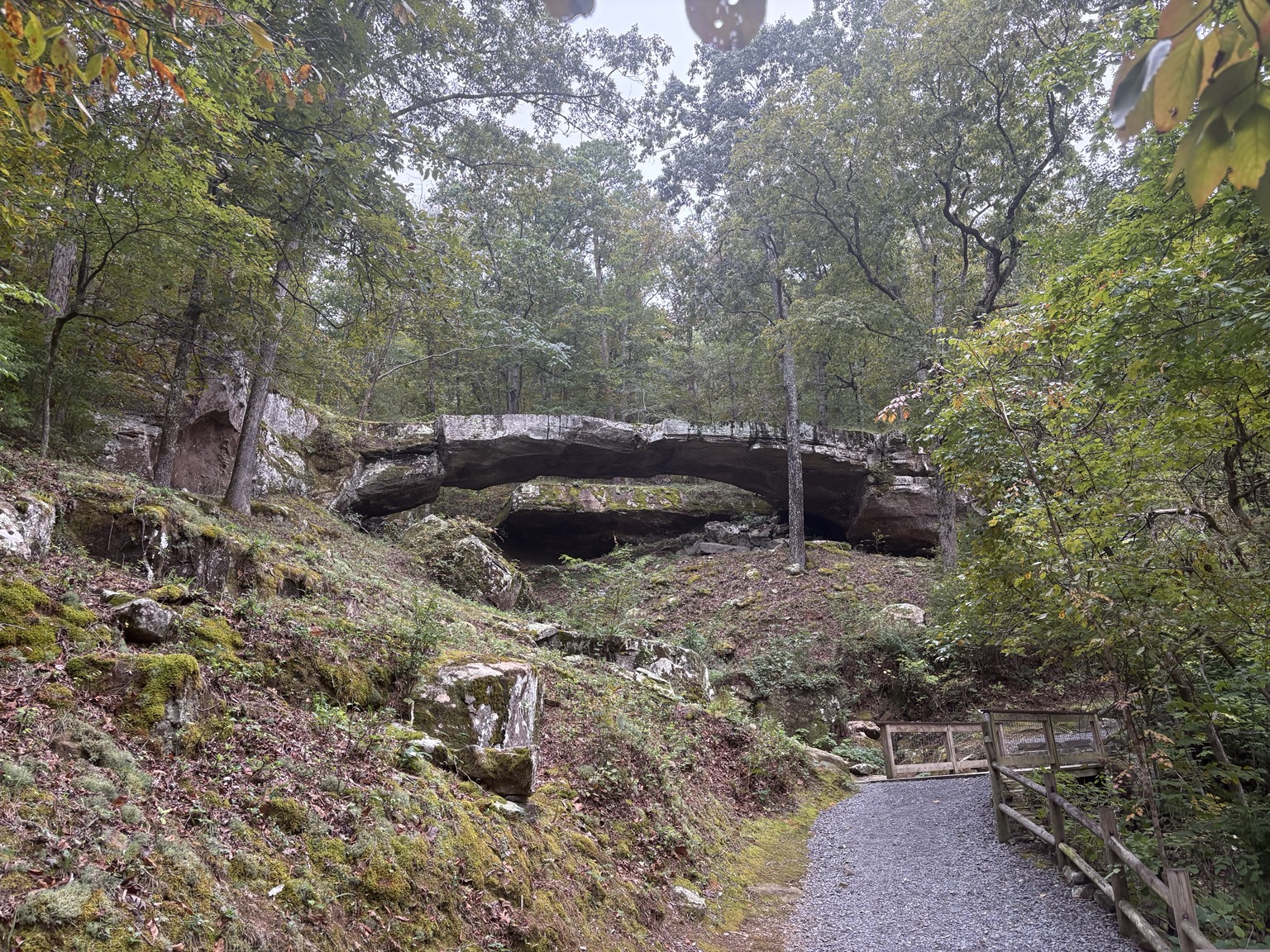 Natural rock bridge above a gravel trail with wooden railing in a shaded woodland.